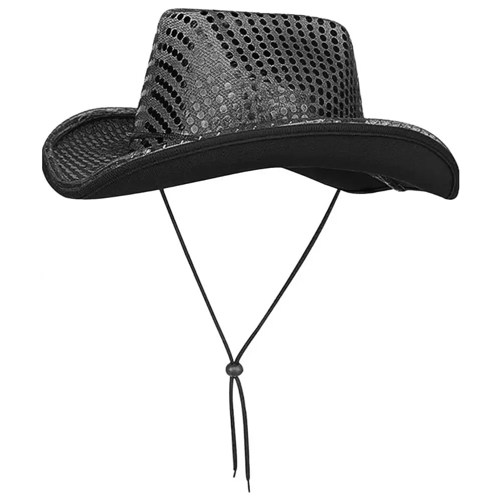 O/S Shiny Sequin Light Up Cowboy Black Hat Set/4